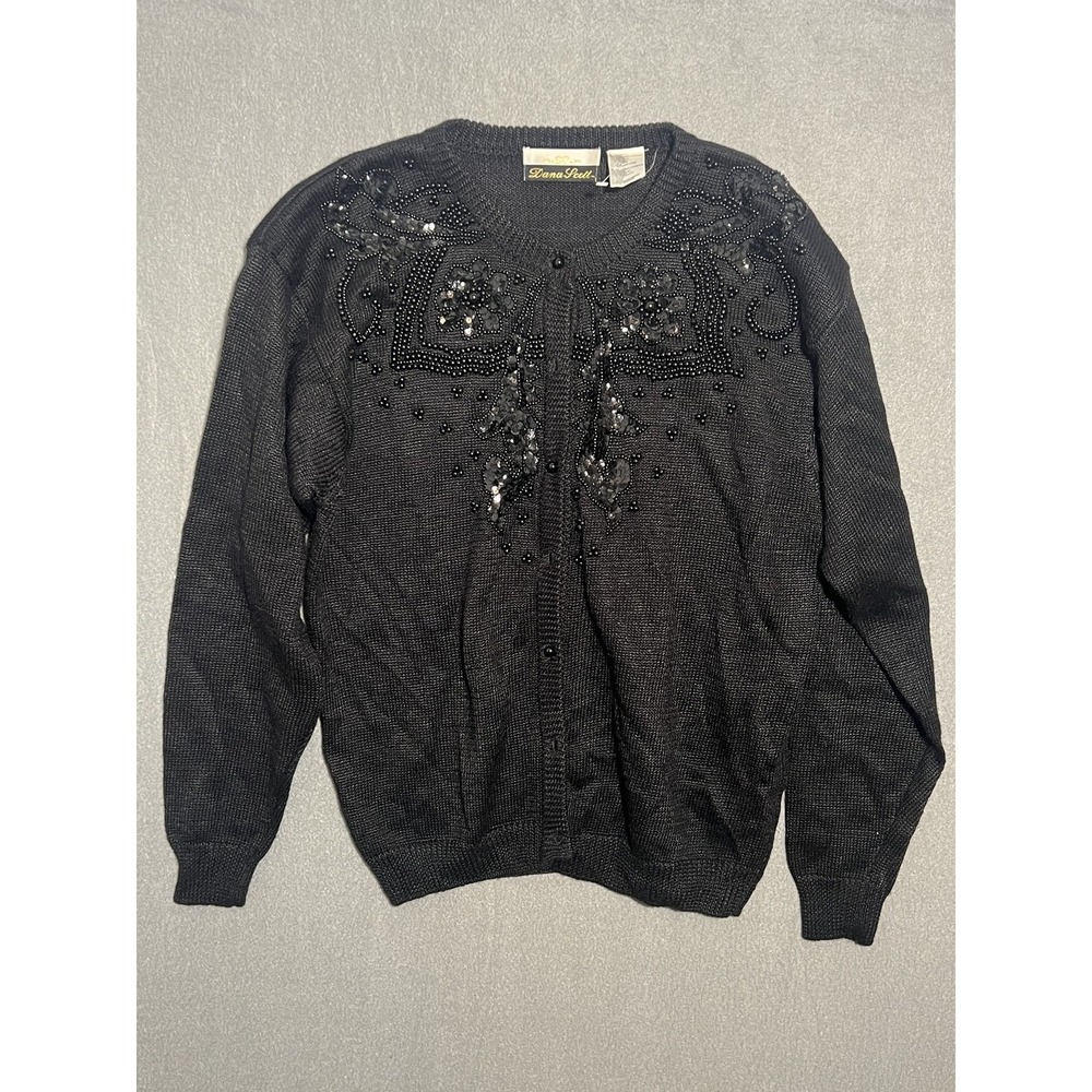 Dana Scott Women's Black Beaded Sequin Cardigan Sweater Size L‎ Large Vintage